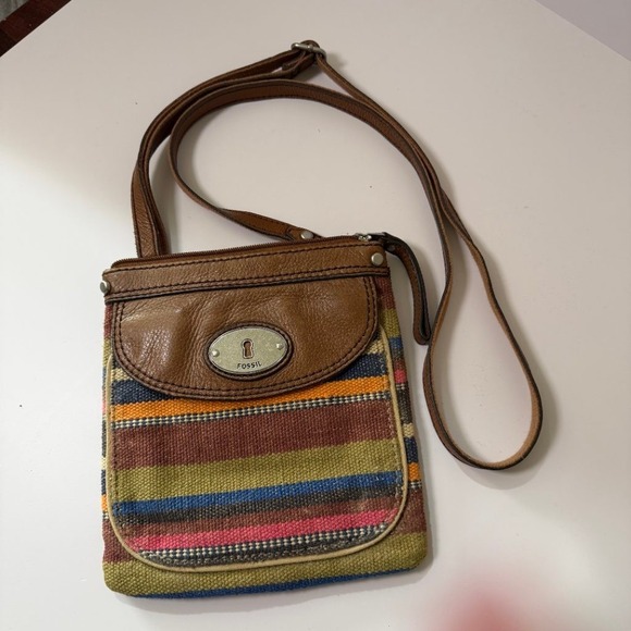 Fossil Handbags - VTG Fossil Crossbody Bag Woven Striped Canvas Brown Leather Boho Key Small Purse